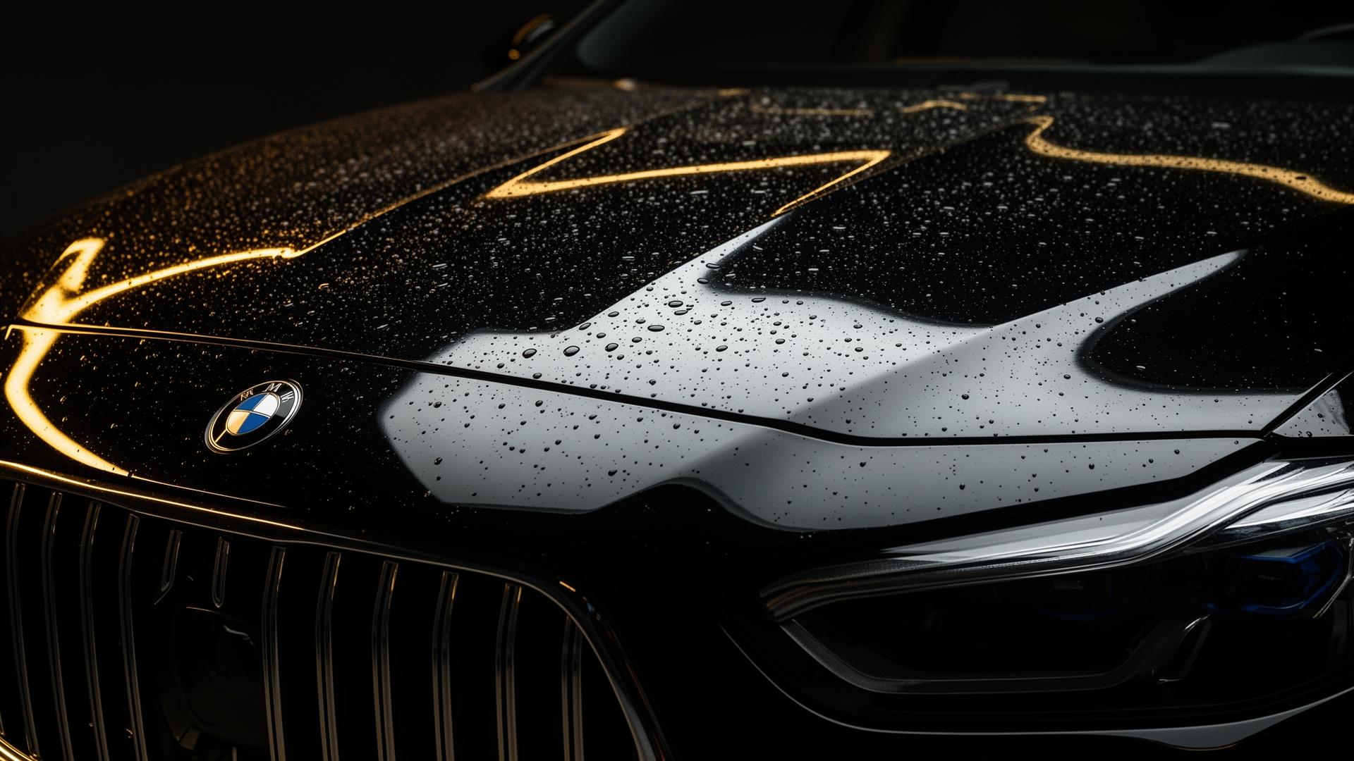 Glossy black car with ceramic coating reflecting golden light